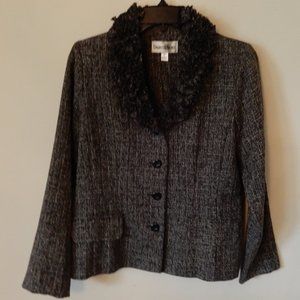 Grey tweed jacket with ruffled fabric collar